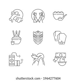 Chinese holidays linear icons set. Rabbits and moon. Chinese valentine day. Dumpling. Funeral tradition. Customizable thin line contour symbols. Isolated vector outline illustrations. Editable stroke