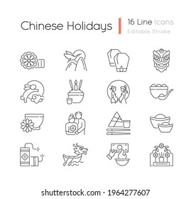 Chinese holidays linear icons set. Mooncakes. Red-crowned crane. Chinese new year. Lantern festival. Customizable thin line contour symbols. Isolated vector outline illustrations. Editable stroke
