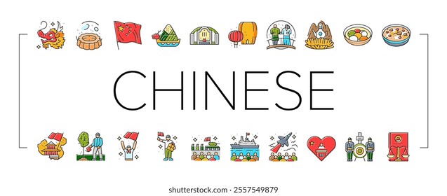 chinese holidays year china new icons set vector. traditional, red asian, lantern decoration, lunar flower, asia fan, ornament chinese holidays year china new color line illustrations