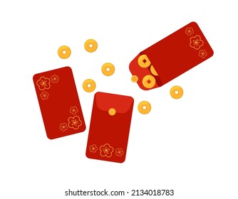 Chinese hongbao, angpao, festive red envelopes with sakura flowers ornament. Traditional gift with coins, money for Chinese New Year, birthday, wedding and other holidays. Vector flat illustration.