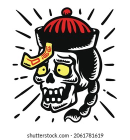 chinese hopping vampire ghost head illustration in vintage style