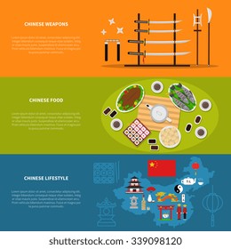 Chinese horizontal banners set with weapons food and lifestyle symbols flat isolated vector illustration 