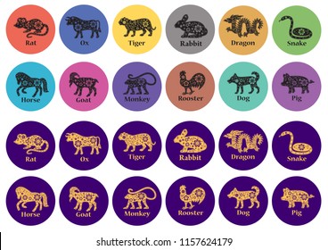 Chinese horoscope 2019, 2020, 2021, 2022, 2023, 2024, 2025 years. Floral ornament. Animal symbols. Colorful vector signs. Rabbit