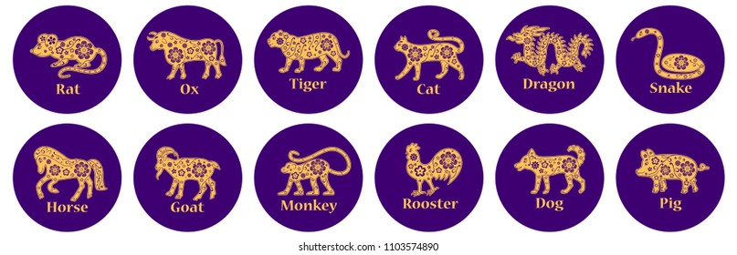 Chinese horoscope 2022, 2023, 2024, 2025 years. Tiger, cat, dragon, snake, horse, goat, monkey, rooster, dog, pig. Floral gold and violet ornament. Animal symbols