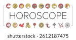 Chinese Horoscope And Accessory Icons Set Vector. Rabbit And Monkey, Goat And Snake, Dragon And Horse Chinese Horoscope Animal Line. Lantern And Plum Tree Branch Color Illustrations