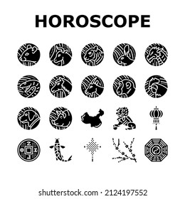 Chinese Horoscope And Accessory Icons Set Vector. Rabbit And Monkey, Goat And Snake, Dragon And Horse Chinese Horoscope Animal. Lantern And Plum Tree Branch Glyph Pictograms Black Illustrations