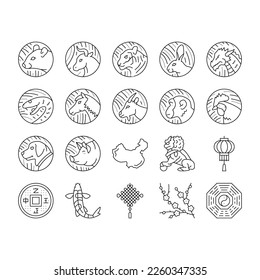 Chinese Horoscope And Accessory Icons Set Vector. Rabbit And Monkey, Goat And Snake, Dragon And Horse Chinese Horoscope Animal Line. Lantern And Plum Tree Branch Black Contour Illustrations