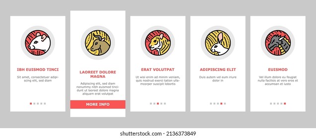 Chinese Horoscope And Accessory Onboarding Mobile App Page Screen Vector. Rabbit And Monkey, Goat And Snake, Dragon And Horse Chinese Horoscope Animal . Lantern And Plum Tree Branch Illustrations