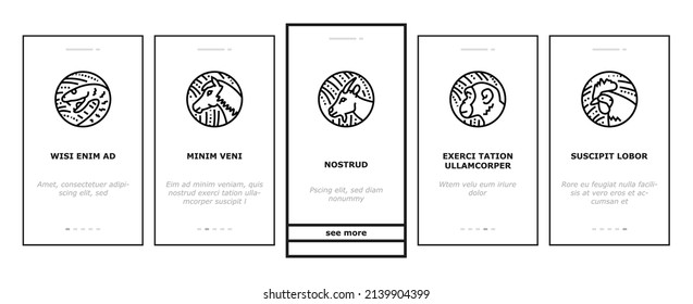 Chinese Horoscope And Accessory Onboarding Mobile App Page Screen Vector. Rabbit And Monkey, Goat And Snake, Dragon And Horse Chinese Horoscope Animal . Lantern And Plum Tree Branch Illustrations