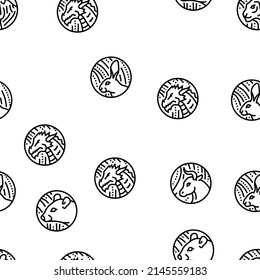 Chinese Horoscope And Accessory Vector Seamless Pattern Thin Line Illustration