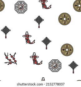 Chinese Horoscope And Accessory Vector Seamless Pattern Thin Line Illustration