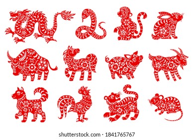 Chinese horoscope animal isolated icons with red paper cut zodiac symbols of Lunar New Year. Vector rat, mouse, pig and dog, dragon, tiger and monkey, horse, snake, rooster and ox, goat, rabbit, sheep