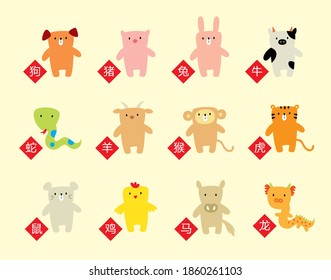 chinese horoscope animal mascot with chinese wording 