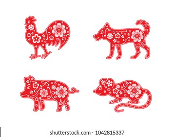 Chinese Horoscope animal set. Flower decorative element. Red and white colors