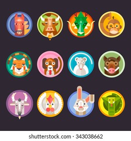 Chinese horoscope animals isolated:  horse, goat, dragon, boar, monkey, rabbit, cat, tiger, dog, mouse, sheep, snake, rooster. Flat vector isolated set. 