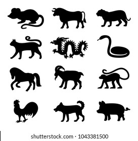 Chinese horoscope animals silhouette. Rat, bull, tiger, cat, dragon, snake, horse, goat, monkey, rooster, dog, pig