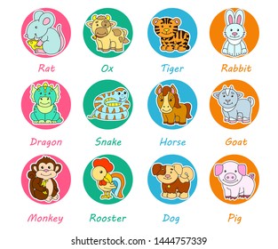 Chinese horoscope in children's style. Stickers