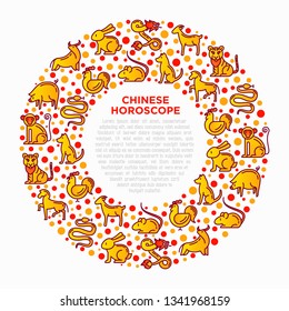 Chinese horoscope concept in circle thin line icons: rooster, ox, mouse, dragon, tiger, rabbit, pig, horse, dog, monkey, goat. Modern vector illustration for calendar, template for print media.