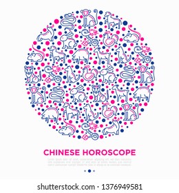 Chinese horoscope concept in circle thin line icons: rooster, ox, mouse, dragon, tiger, rabbit, pig, horse, dog, monkey, goat. Modern vector illustration for calendar, template for print media.