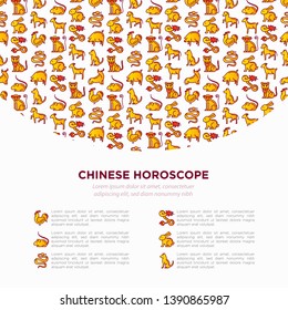 Chinese horoscope concept thin line icons: rooster, ox, mouse, dragon, tiger, rabbit, pig, horse, dog, monkey, goat. Modern vector illustration for calendar, template for print media.