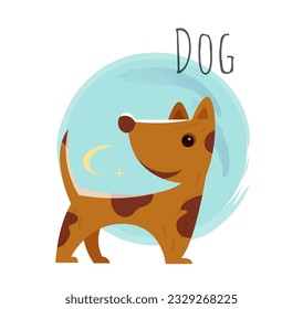 Icono del horóscopo chino. Colorida pegatina con perro adorable y cachorro para medios sociales y aplicaciones. Mascota sagrada del Año Nuevo Feliz del Este de Asia. Dibujo vectorial plano de dibujos animados aislado en fondo blanco