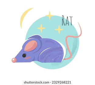 Icono del horóscopo chino. Símbolo de zodiaco de curso feliz de asia de rata o ratón. Mascotas coloridas con sagrado cartel oriental para el sitio web. Dibujo vectorial plano de dibujos animados aislado en fondo blanco