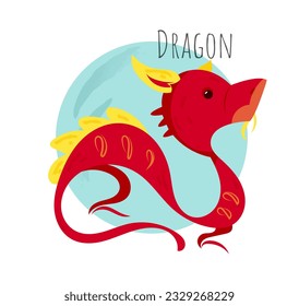 Icono del horóscopo chino. Mascotas sagradas de Feliz Año Nuevo con animal mítico de China. Pegatina con símbolo asiático de dragón rojo oriental. Dibujo vectorial plano de dibujos animados aislado en fondo blanco