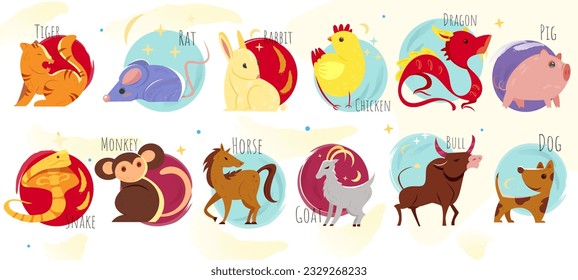 Chinese horoscope icon set. Stickers with dog, rabbit, tiger, dragon, rooster, goat, mouse, pig, monkey, snake, bull and horse. New Year Asian symbol. Cartoon flat vector isolated on white background