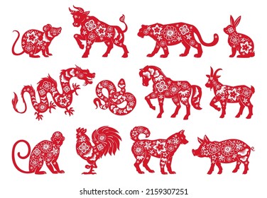 Chinese horoscope lunar New Year oriental animals silhouettes. Zodiac astrological calendar tiger, rabbit, bull and snake signs vector symbols illustrations set. Traditional horoscope icons collection