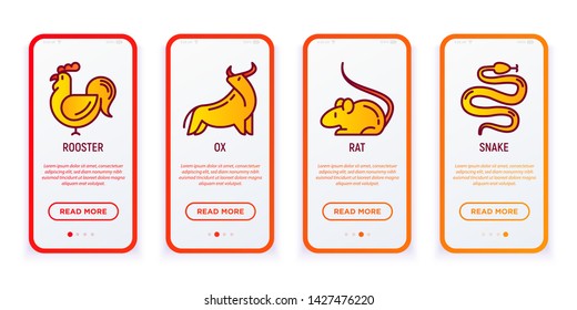 Chinese horoscope mobile user interface. Thin line icons: rooster, ox, rat, snake. Modern vector illustration.