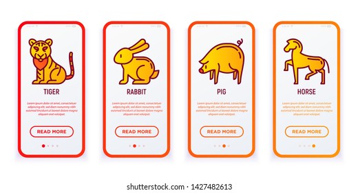 Chinese horoscope mobile user interface. Thin line icons: tiger, rabbit, pig, horse. Modern vector illustration.