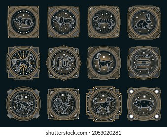 Chinese horoscope occult symbols with vector zodiac animals, signs of astrology calendar and Lunar New Year. Horse, pig, rat and tiger, monkey, snake, dog and dragon, ox, rabbit, rooster and goat