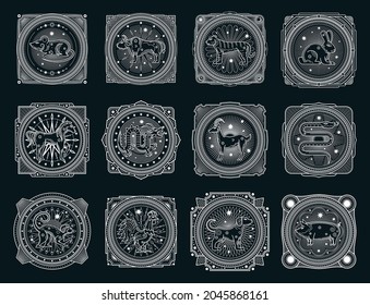 Chinese horoscope occult symbols and zodiac animals esoteric vector signs. Chinese zodiac horoscope signs in sacred geometry, occultism magic and astrology esoteric cards line art design