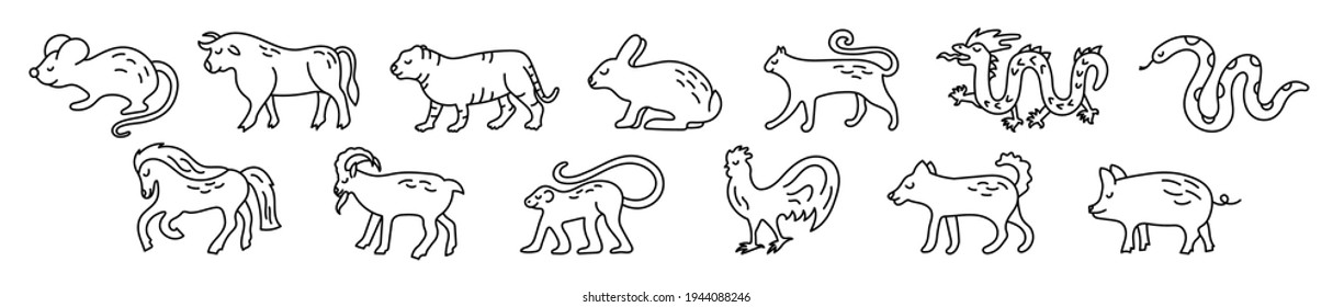 Chinese horoscope. rat, ox, cat, rabbit, hare, tiger, dragon, snake, horse, goat, monkey, rooster, dog and boar. Animal symbols  2022, 2023 vector set. Black line doodle sketch. Editable path