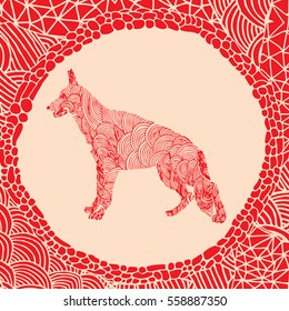 Chinese horoscope - Red illustration of dog with doodle frame