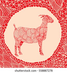 Chinese horoscope - Red illustration of goat with doodle frame