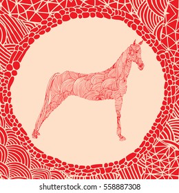 Chinese horoscope - Red illustration of horse with doodle frame