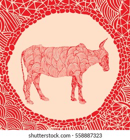 Chinese horoscope - Red illustration of ox with doodle frame