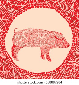 Chinese horoscope - Red illustration of pig with doodle frame