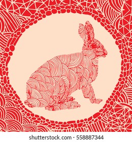 Chinese horoscope - Red illustration of rabbit  with doodle frame