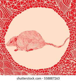 Chinese horoscope - Red illustration of rat with doodle frame