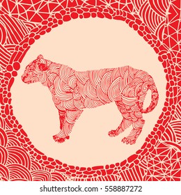 Chinese horoscope - Red illustration of tiger with doodle frame