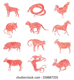 Chinese horoscope - Red illustration of Chinese zodiac sign collection 