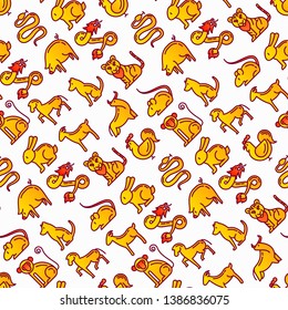 Chinese horoscope seamless pattern with thin line icons: rooster, ox, mouse, dragon, tiger, rabbit, pig, horse, dog, monkey, goat. Modern vector illustration for calendar background.
