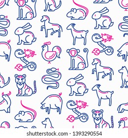 Chinese horoscope seamless pattern with thin line icons: rooster, ox, mouse, dragon, tiger, rabbit, pig, horse, dog, monkey, goat. Modern vector illustration for calendar background.
