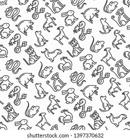 Chinese horoscope seamless pattern with thin line icons: rooster, ox, mouse, dragon, tiger, rabbit, pig, horse, dog, monkey, goat. Modern vector illustration for calendar background.