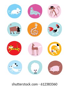 Chinese horoscope set with the cartoon style animals. Horse, monkey, dog, rabbit zodiac signs. Vector illustration.