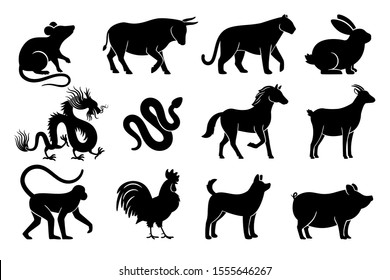 Chinese horoscope silhouettes. Chinese zodiac animals symbols of year, black signs on white background, tiger and rabbit, bull and dragon mythology drawings svg