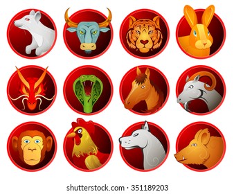 Chinese horoscope symbols as cartoon animals on badges. Full set of twelve signs