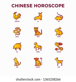 Chinese horoscope thin line icons set: rooster, ox, mouse, dragon, tiger, rabbit, pig, horse, dog, monkey, goat. Modern vector illustration for calendar.